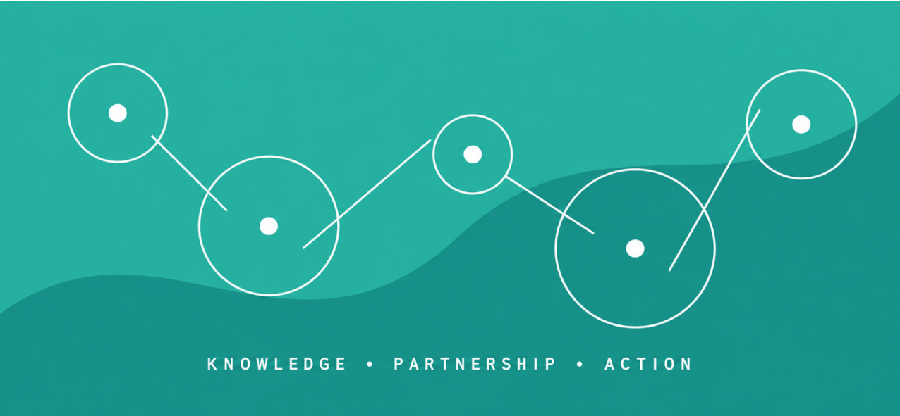 ภาพกราฟิกโทนสีเขียวอมฟ้าพร้อมเส้นเชื่อมโยงและข้อความ Knowledge, Partnership, Action