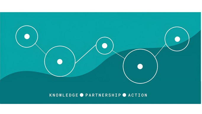 ภาพกราฟิกโทนสีเขียวอมฟ้าพร้อมเส้นเชื่อมโยงและข้อความ Knowledge, Partnership, Action